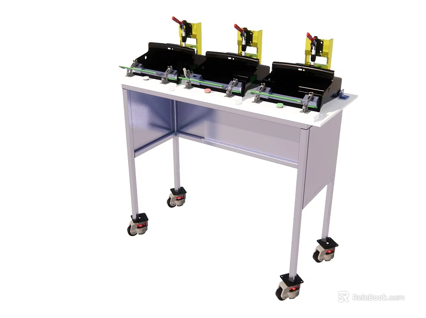 Three Industrial Yellow Black Devices On White Portable Rolling Table Stand 3d model 