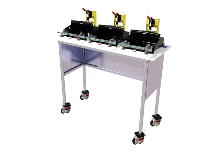Three Industrial Yellow Black Devices On White Portable Rolling Table Stand 3d model