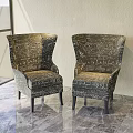 Stylish High Back Accent Chairs with Intricate Script Pattern Fabric on Marble Floor 3d model