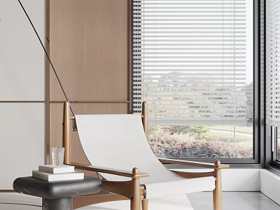 Modern White Cushioned Wooden Frame Leisure Chair By Window With Blinds And Side Table 3d model
