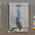 Gray Curtains and Sheer Panels in Modern Room with City View Plant and Robot Decor