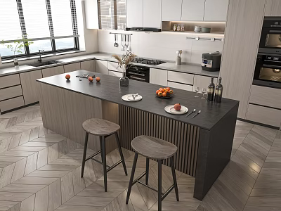 Modern Kitchen Interior Design With Island Counter Fruits Cabinets And Dining Stools 3d model
