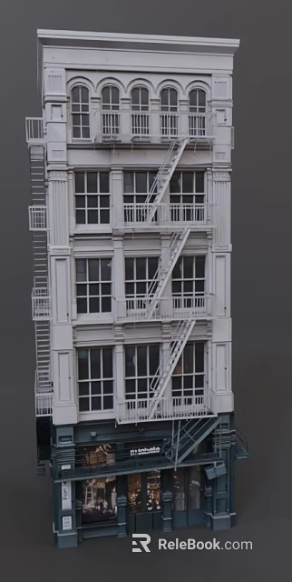 Multi story European Architecture Exterior With White Facade Windows And Fire Escapes 3d model 