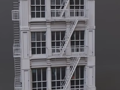 Multi story European Architecture Exterior With White Facade Windows And Fire Escapes 3d model