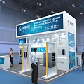 Modern Exhibition Booth for Guochang Communications with Blue White Design Display Screen and Reception Desk