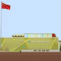 Chinese national flag flying on flagpole above modern school building with running track and trees