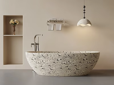 Tahiti Style Freestanding Bathtub Interior Design With Natural Stone And Pendant Light 3d model