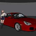 Red Sports Car With Stylish Woman Standing Beside In Modern Studio