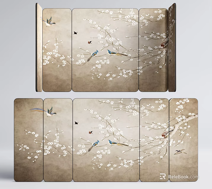 Traditional Chinese Decorative Screen with Blossoming Branches White Flowers and Birds for Home Interior 3d model 