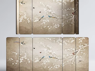 Traditional Chinese Decorative Screen with Blossoming Branches White Flowers and Birds for Home Interior 3d model
