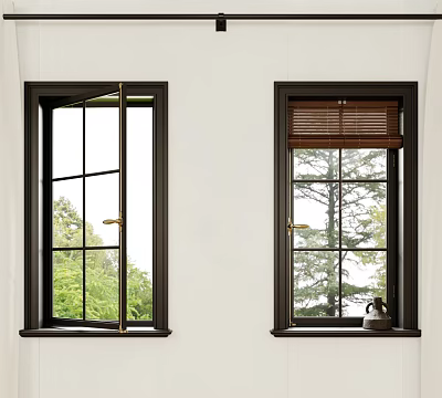 Black Frame Casement Windows Open With Trees Outside And Sill Decor On White Wall 3d model