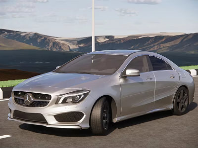Silver Mercedes Car With Sleek Exterior On Mountain Road Scenic Background 3d model