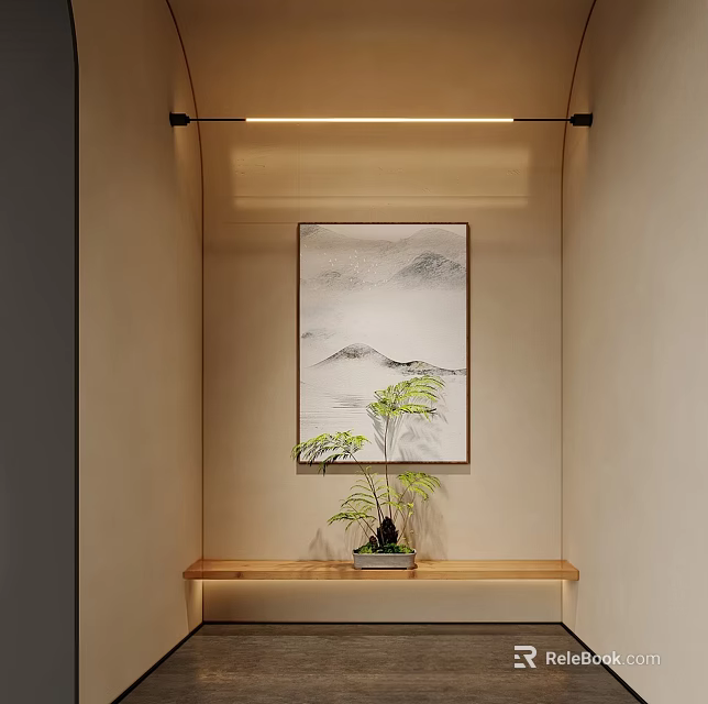 Slim Linear Decorative Light Illuminating Niche With Ink Landscape Painting And Wooden Shelf Green Plant 3d model 
