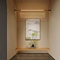 Slim Linear Decorative Light Illuminating Niche With Ink Landscape Painting And Wooden Shelf Green Plant