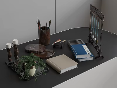 Essential Living Supplies On Modern Desktop With Pen Holder Books Tray Candles And Potted Plant 3d model