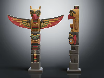 Traditional Totem Poles With Colorful Eagle And Facial Carvings Decorations 3d model