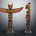 Traditional Totem Poles With Colorful Eagle And Facial Carvings Decorations