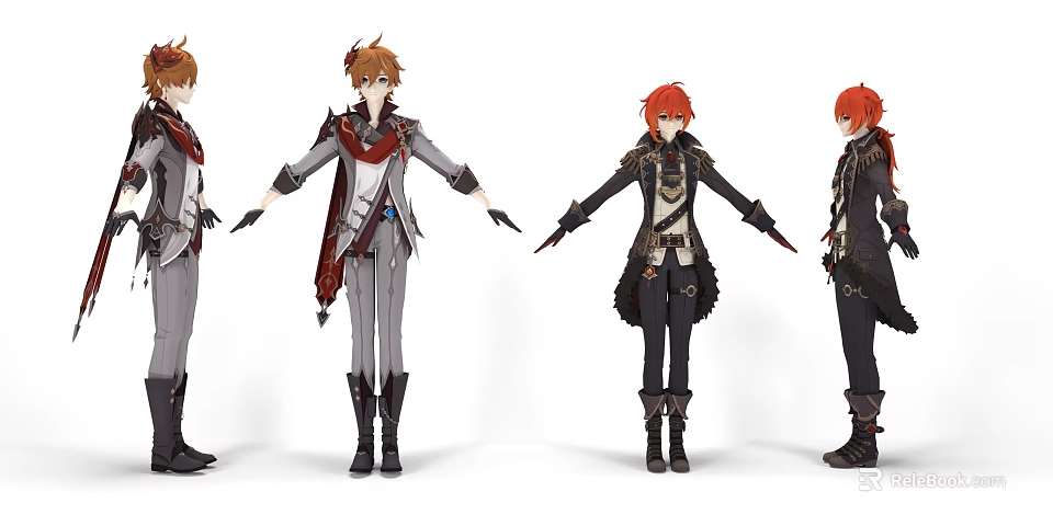Anime Male Characters In Different Poses With Scarves And Coats 3d model