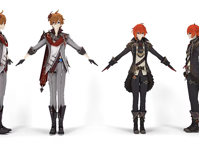 Anime Male Characters In Different Poses With Scarves And Coats 3d model