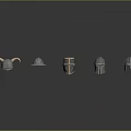 Various Styles of Shiny Metal Helmets Arranged on Dark Background