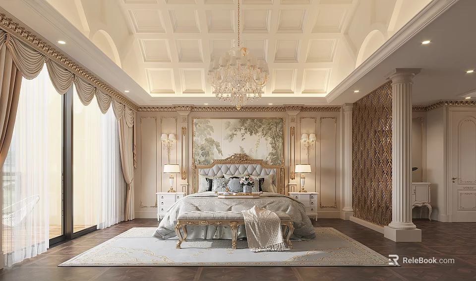 Luxurious Bedroom Interior With Coffered Ceiling Crystal Chandelier Tufted Headboard And Floor To Ceiling Windows 3d model 