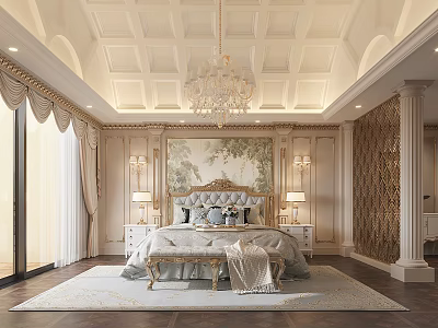 Luxurious Bedroom Interior With Coffered Ceiling Crystal Chandelier Tufted Headboard And Floor To Ceiling Windows 3d model