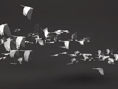 Flock of white birds flying against dark background in mid air 3d model