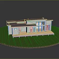 Modern Single Family House Model On Green Lawn With Large Windows And Wooden Deck