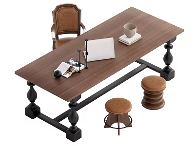 Wooden Desk with Ornate Black Legs Laptop Coffee Mug Magazine Chair and Round Stools 3d model