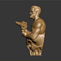 Golden Muscular Man Statue Holding Weapon With Skull Base Design
