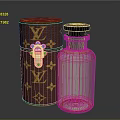 Woman Holding Luxury LV Logo Perfume Bottle With Red Leather Case And Pink Fragrance