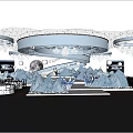 Elegant Banquet Hall With Starry Spiral Ceiling Crystal Chandeliers Iceberg Shaped Decorations And Round Tables