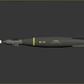 Gray Military Missile With Yellow Stripes Pointed Nose Fins And Text Details