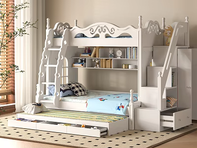 White Bunk Bed with Staircase Storage Drawers and Bookshelf for Kids Room 3d model
