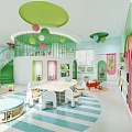 Vibrant Kindergarten Interior with Green Pink Circular Pendant Lights Bookshelves and Colorful Seats