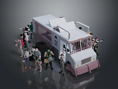 Group of People Surrounding White Prison Van with Weapons and Items 3d model