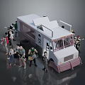 Group of People Surrounding White Prison Van with Weapons and Items