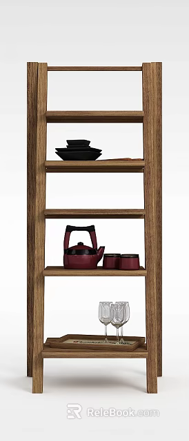 Wooden Display Shelf With Multiple Tiers Holding Red Teapot Red Cups And Black Plates 3d model 