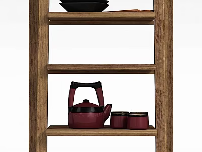 Wooden Display Shelf With Multiple Tiers Holding Red Teapot Red Cups And Black Plates 3d model