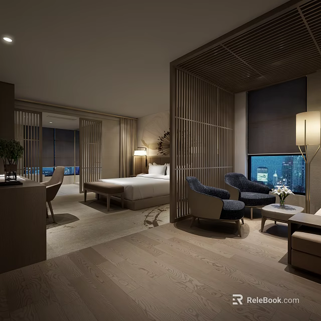 Modern Hotel Room Interior With Wooden Partition City View Sofa And Bed 3d model