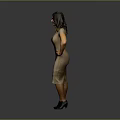 Woman in Beige Dress Standing with Hands on Hips Against Gray Background