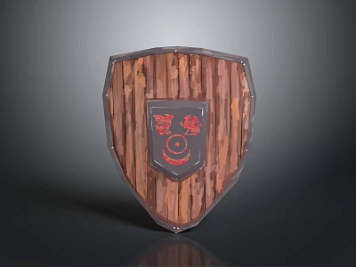 Rustic Wooden Shield With Red Central Emblem And Black Decorative Patterns 3d model