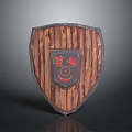 Rustic Wooden Shield With Red Central Emblem And Black Decorative Patterns