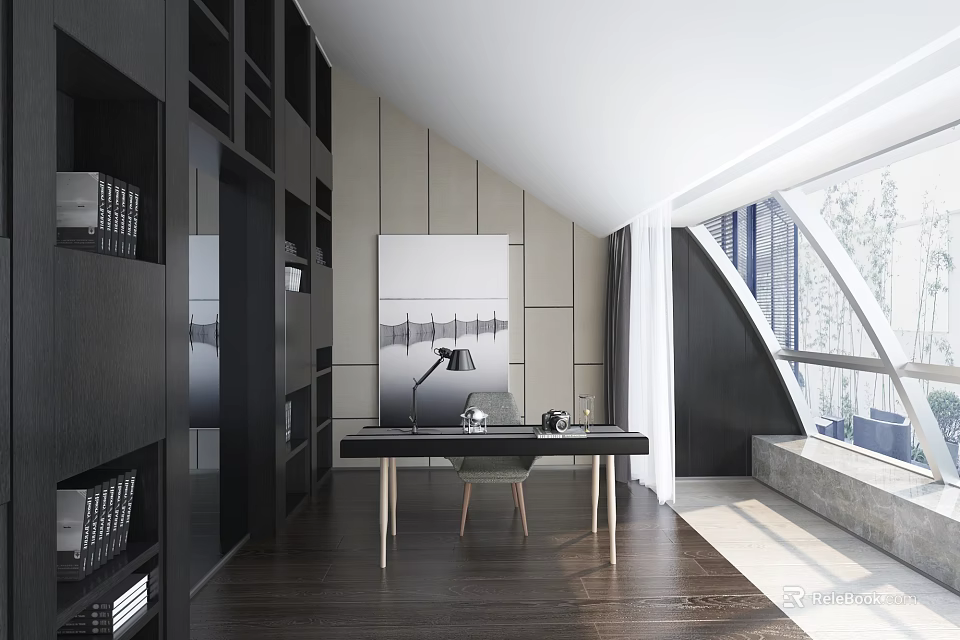 Modern Study Room Interior Design with Open Bookshelves Desk Floor to Ceiling Windows and Artwork 3d model 