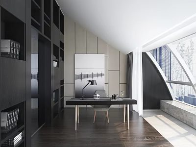 Modern Study Room Interior Design with Open Bookshelves Desk Floor to Ceiling Windows and Artwork 3d model