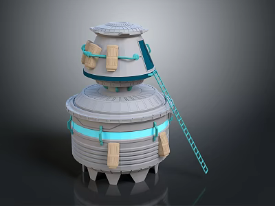 Fantasy Character And Magical Creature Near Tower With Blue Lights And Ladder 3d model