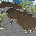 Modern Pergola Structure with Black Canopies White Supports Trees and Blue Sky View