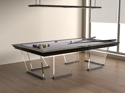 Modern Entertainment Table with Billiard Balls Pool Cues Transparent Legs in Bright Room 3d model