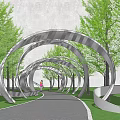 Modern Pergola With Circular Metal Structure Surrounded By Green Trees And Walking Pathway 3d model