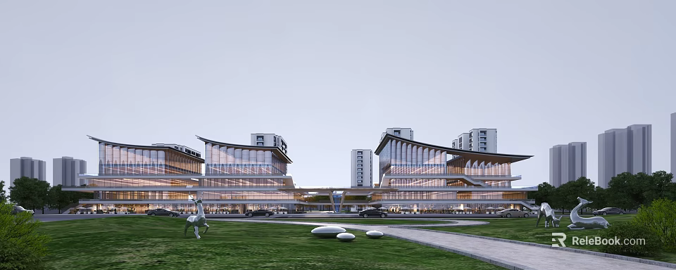 Modern Architectural Complex With Glass Curtain Walls Green Lawn Sculpture And Pathway 3d model 